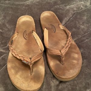 Barely worn, rainbow, flip-flops with braid